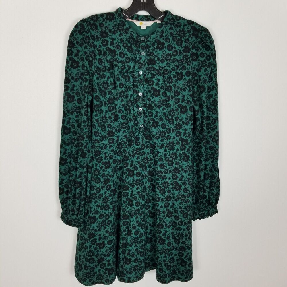 Boden Women Ruffle Button Mini Dress Size 4 Petite Deep Forest Elegant Bloom